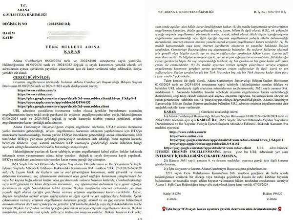 Roblox erişim engeli mahkeme kararı